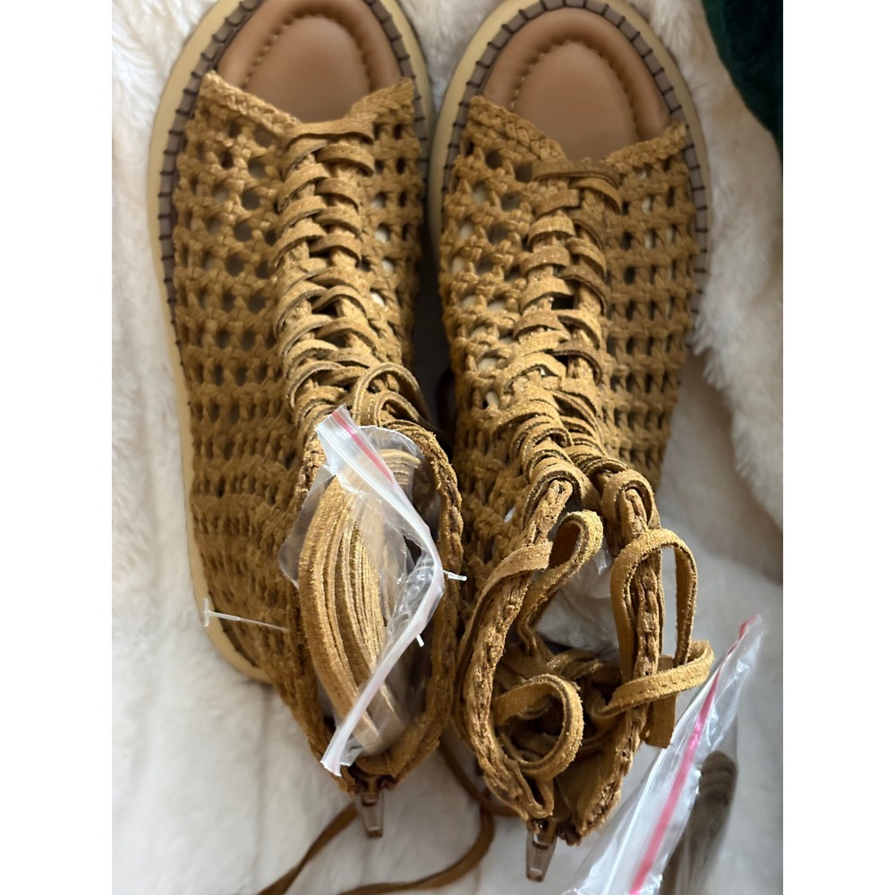 Free People Women Woven Lace Up Gladiator Platform Sandals Tan Leather Bootie 8 - Picture 2 of 11